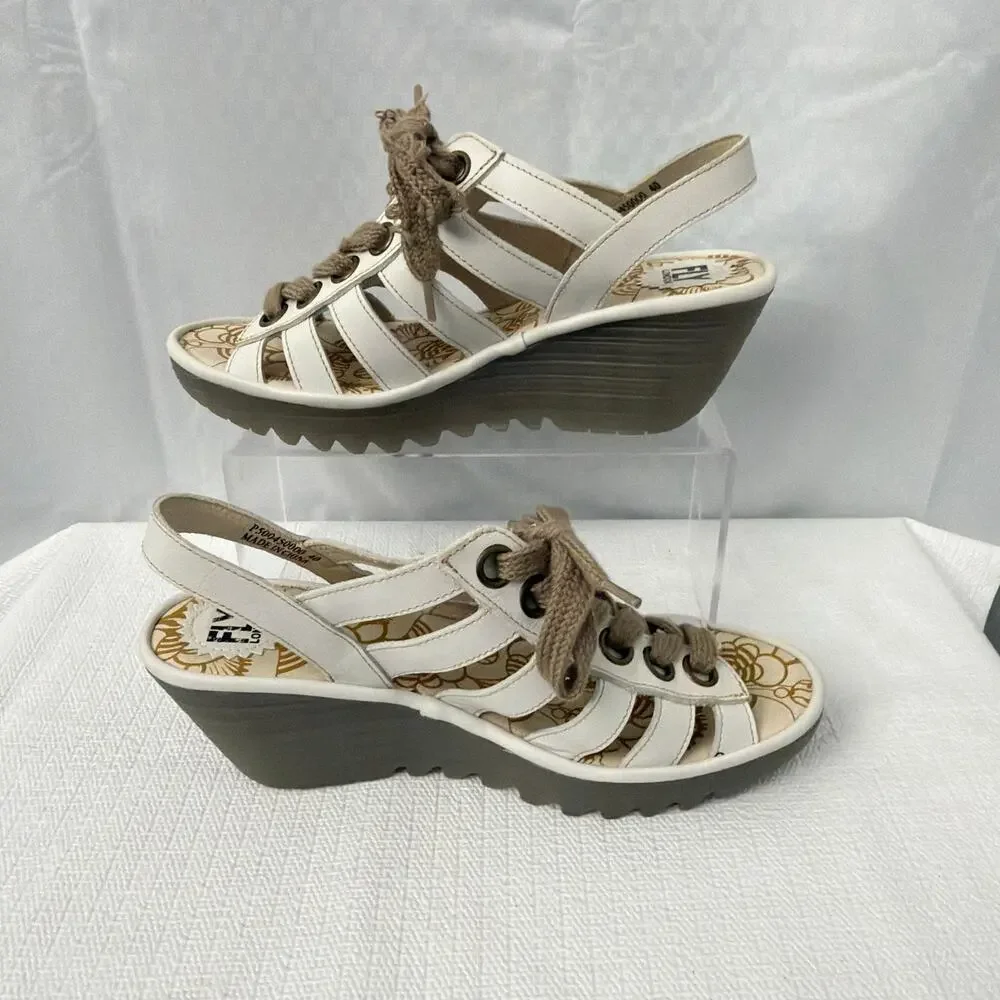 Fly London Yito Shoes Womens Size 9 US Wedge Sandals 40 EU White Leather Shoes